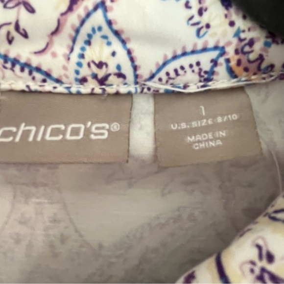 CHICOS JACKET | CHICOS SZ 1 (8-10) | WHITE WITH LAVENDER BLUE GEOMETRIC PATTERN - Picture 12 of 15